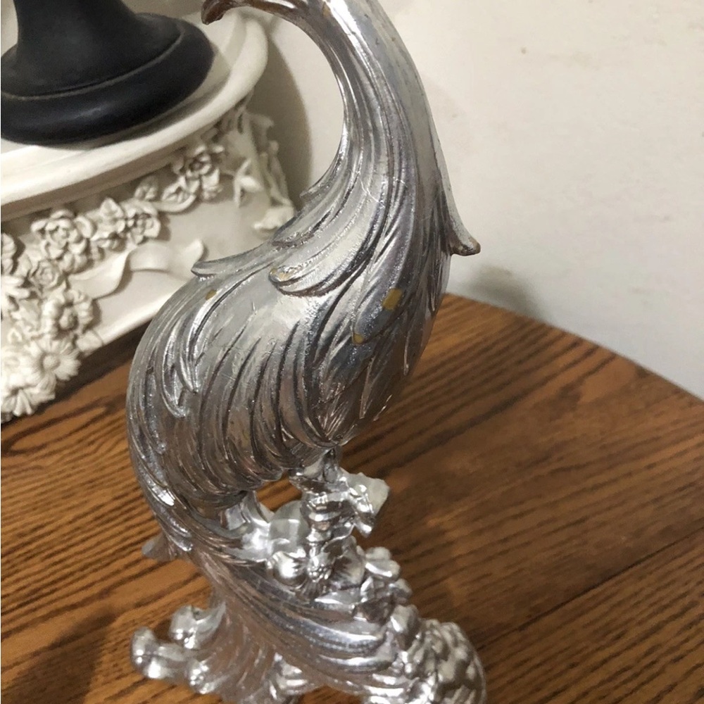 Syroco Vintage Mid Century Silver Peacock Bird Statues 13" - Picture 2 of 3